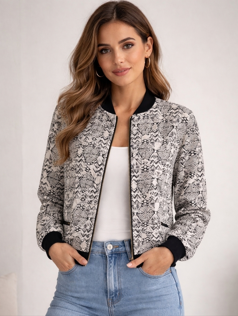 NWT Devoted By Dex/ Black and White Patterned Light Jacket/ Zippered/ Size US L